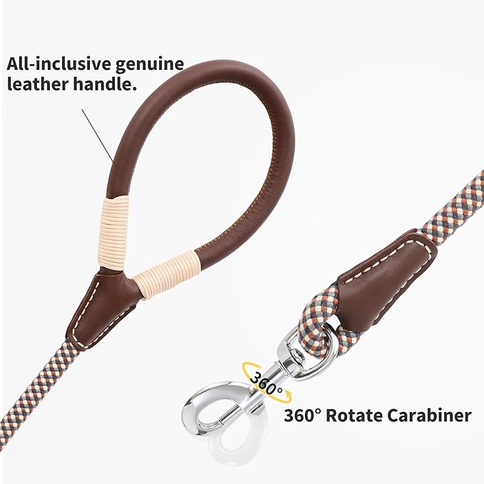 Mile High Life Genuine Leather Wrapped Handle Dog Leash, w Heavy Duty Clasp Rope Leash for Small Medium Large Dogs (Brown, 5FT)