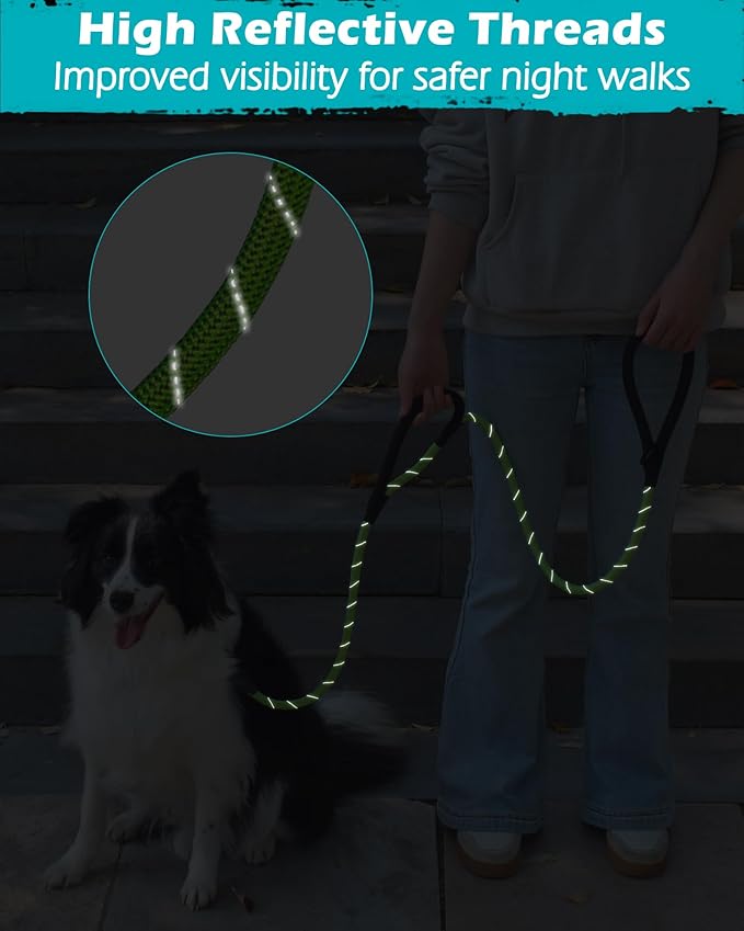 PetBonus Double Handle Rope Dog Leash, 5FT Heavy Duty Training Lead with Lockable Hook and 2 Comfortable Padded Handles, Reflective Walking Nylon Leash for Large Medium Dogs (55-200 lbs, Green)