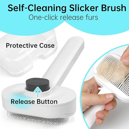 Self-Cleaning Slicker Brush for Dogs & Cats, 3-in-1 Grooming Kit with Detangling Comb & Storage Box, Deshedding Tool for Long Short Hair Pets, Skin-Friendly Brush Prevents Matting & Tangles