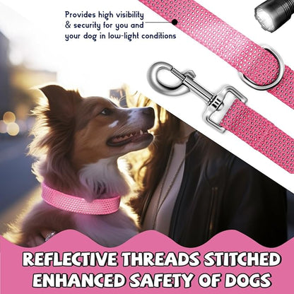 Reflective Dog Collar and Leash Set, Nylon Dog Leash with Heavy-Duty Steel D-Ring, Adjustable with Quick Release Buckle for Medium Dogs, Pink M