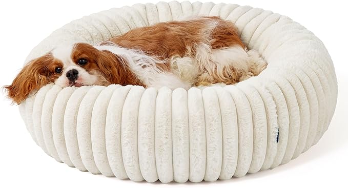 Bedsure ComfyFleece Donut Medium Dog Bed - Washable Faux Fur with Corduroy Fleece & Anti Slip Bottom, Round Pet Bed with Removable Cover, Cream, 30x30x8 inches
