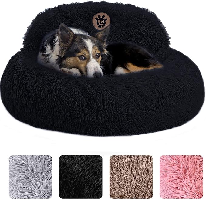 PetJett Calming Dog Bed Medium Size Dog - 30'' Donut Bed, Anti-Slip & Washable Super Soft Fluffy Plush Round Bed, Anti-Anxiety Premium Comfort Pet Bed, Fits Dogs up to 45 lbs - Black