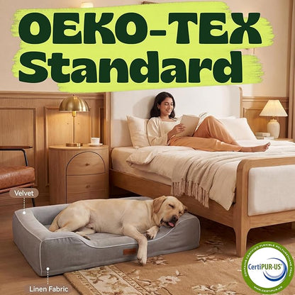 42 Inch XL Orthopedic Dog Bed for Large Dogs Up to 80lbs,Cooling Gel Memory Foam Dog Couch Bed with 4-Sided Bolster,Waterproof Washable Cover,Non-Slip Bottom,Grey