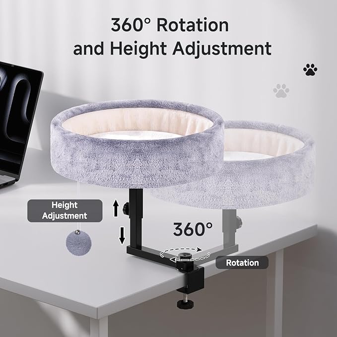 Chumajor Cat Desk Bed - 360° Rotating & Adjustable, Supports 44 lbs, Soft Faux Fur with Dual-Sided Reversible Mat, Modern Indoor Cat Nest Furniture for Office Desks and Game Tables, Island Table