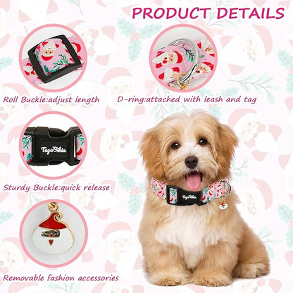 Christmas Dog Collar for Medium Dogs, Adjustable Pink Dog Collars with Jolly Santa Pattern, Cute Christmas Collar for Dogs, Winter Holiday Collar for Girl Boy Puppies-M