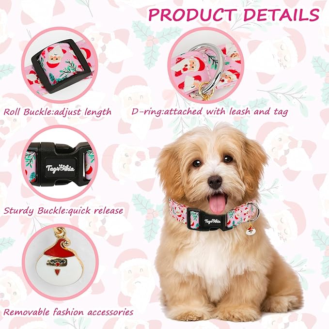 Christmas Dog Collar for Small Dogs, Adjustable Pink Dog Collars with Jolly Santa Pattern, Cute Christmas Collar for Dogs, Winter Holiday Collar for Girl Boy Puppies-S