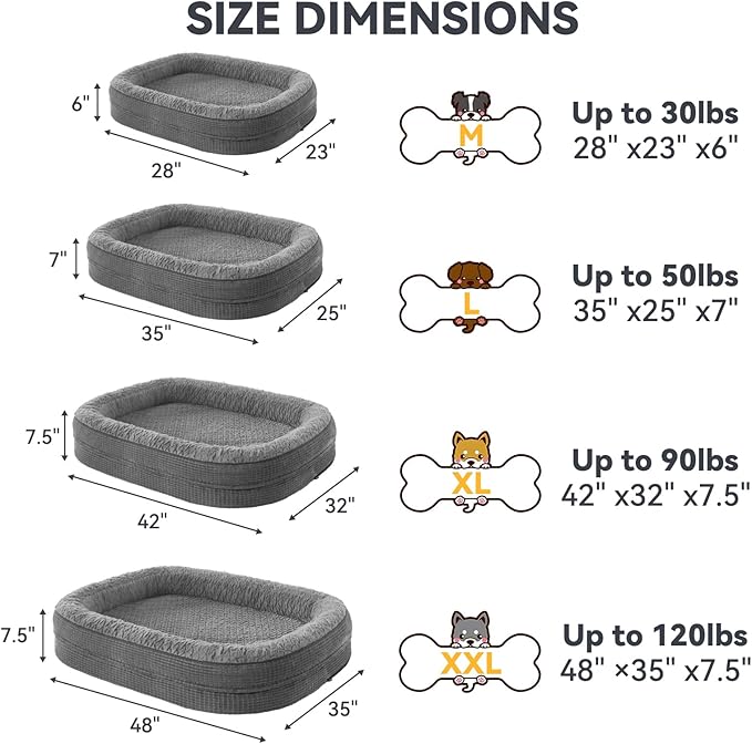 JOEJOY Orthopedic Dog Bed for Medium Dogs, Egg-Crate Memory Foam Pet Bed with Bolster Sides, Waterproof Lining, Removable Washable Cover & Non-Slip Bottom, Grey