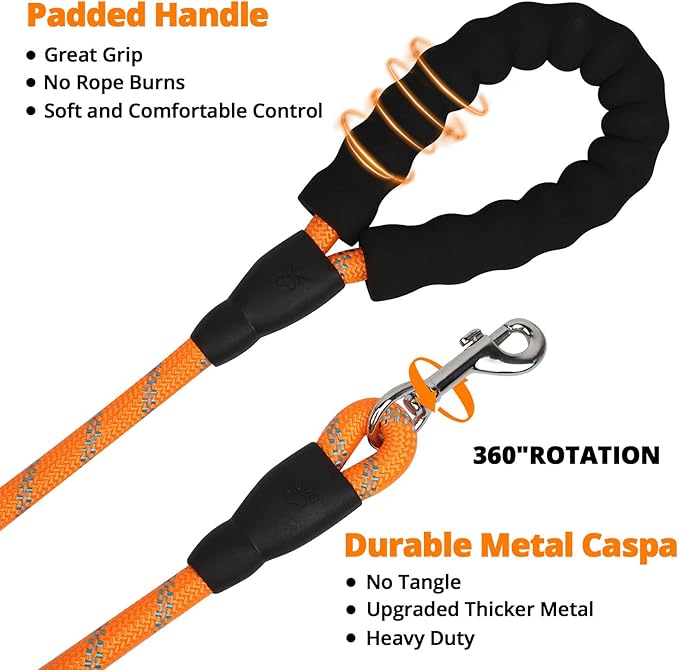 Rope Dog Leash 3 FT: Heavy Duty Leashes with Swivel Lockable Hook Reflective Threads Bungee and Padded Handle - Dog Lead for Large Small Medium Dogs Outside Walking Hiking Orange