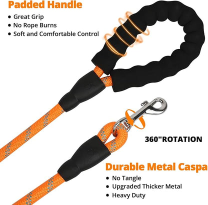 Rope Dog Leash 3 FT: Heavy Duty Leashes with Swivel Lockable Hook Reflective Threads Bungee and Padded Handle - Dog Lead for Large Small Medium Dogs Outside Walking Hiking Orange