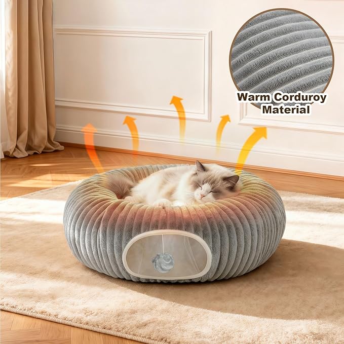 MOYMO Cat Tunnel Bed for Indoor Cats, Peekaboo Cat Cave Bed,Soft Cat Donut Tunnel for Kitten Large Cats, Cat Tunnel Christmas Tree Skirt, Grey