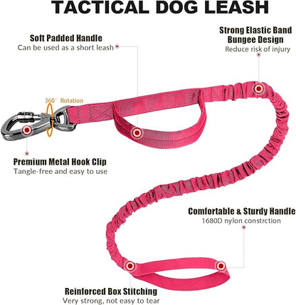 Tactical Dog Collar and Bungee Leash,Military Dog Collar & Leash Set with USA American Flag Adjustable K9 Collar with Heavy Duty Metal Buckle & Handle,with Patches and Airtags Case (Pink, M)