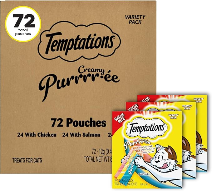 Temptations Creamy Puree Squeezable Lickable Wet Cat Treat with Chicken, Salmon, and Tuna Variety Pack, 0.42 oz. Tubes, 24 Count, Pack of 3 (72 Total)