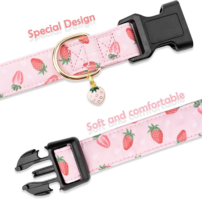Faygarsle Pink Strawberry Print Cotton Dog Collar for Small, Medium, Large Boys Girls Dogs S