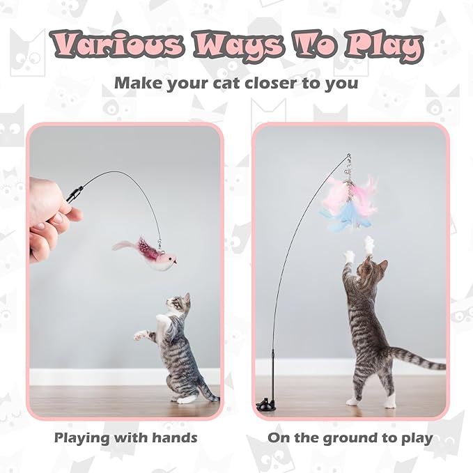 Greoil Cat Feather Toys, Interactive Cat Toy for Indoor Cats,Cat Wand Toys with 2 Suction Cup and 3 Wands, 3 in 1 Cat Toys for Bored Cats, Kitten Toy with Balls and Birds