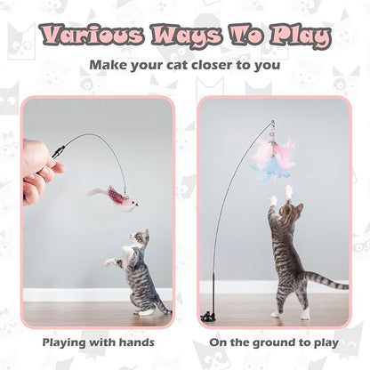 Greoil Cat Feather Toys, Interactive Cat Toy for Indoor Cats,Cat Wand Toys with 2 Suction Cup and 3 Wands, 3 in 1 Cat Toys for Bored Cats, Kitten Toy with Balls and Birds