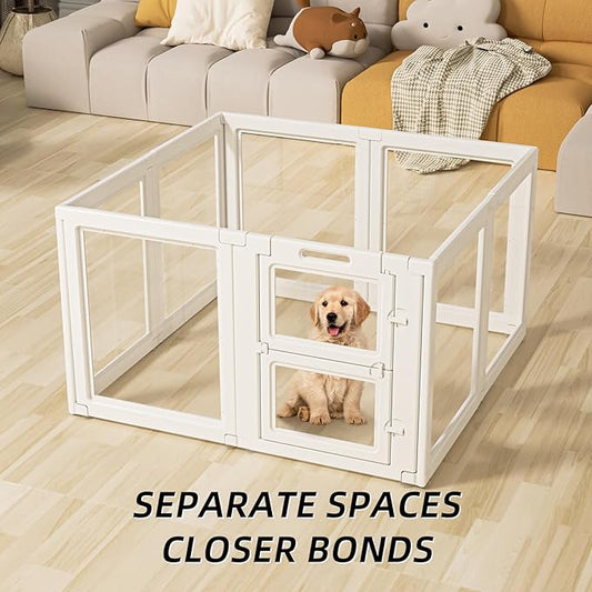 LoveTail Clear Acrylic Dog Playpen Indoor,Transparent Dog Pen,Easy to Assemble and Clear pet Pen for Puppy Dog, Rabbit and cat,Sturdy and Easy to Clean Plastic pet Fence (White, 30.3" H, 8PCS)