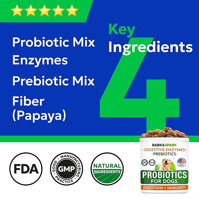 Bark&Spark Dog Probiotics & Digestive Enzymes (Gut Health) Allergy & Itchy Skin - Pet Diarrhea Gas Treatment Upset Stomach Relief, Digestion Health Prebiotic Supplement Large Dog Treats (240Ct Bacon)