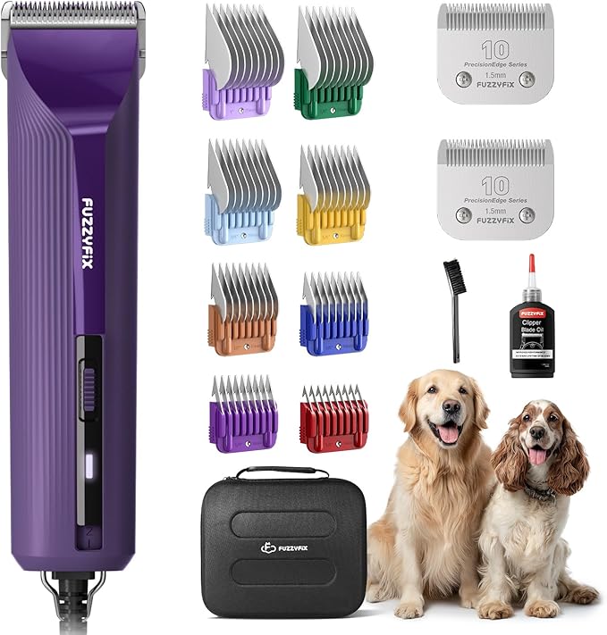AmpFix Professional Dog/Pet Grooming Clippers - 2-Speed Heavy-Duty Motor, 2 Detachable Blade 8 Metal Combs, 10ft Cord, Runs Cool & Quiet, Anti-Slip Shatter-Proof Housing for All Animal Coats