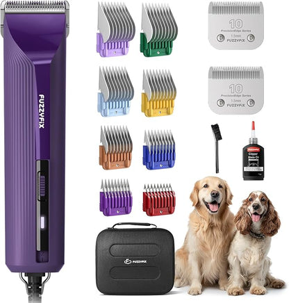 AmpFix Professional Dog/Pet Grooming Clippers - 2-Speed Heavy-Duty Motor, 2 Detachable Blade 8 Metal Combs, 10ft Cord, Runs Cool & Quiet, Anti-Slip Shatter-Proof Housing for All Animal Coats