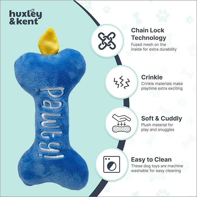 Huxley & Kent Funny Dog Toy w/Squeaker – Power Plush Squeaky Dog Toys for Small Dogs – Durable Small Stuffed Animal for Indoor Play & Fetch - Tiny Tuff It's My Barkday Bone