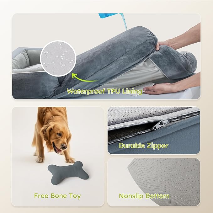 CWAWZ Extra Large Dog Bed, Orthopedic XL Dog Bed with Cooling Gel Memory Foam, Waterproof Pet Bed with Removable Washable Cover, 42" Pet Sofa Couch Dutch Velvet with Bone Toy, Dark Gray