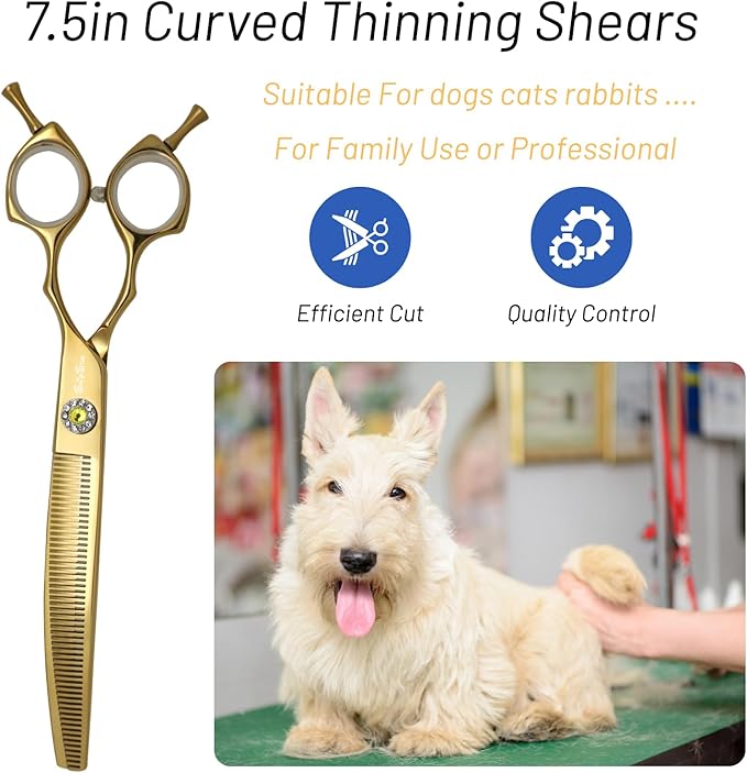 7.5inch Curved Thinner Professional Dog Grooming Scissors, 56 Teeth High-end Dog Shears Blender, VG10 Steel Sharp, 25 Degree Bend Cutting Scissors for Pet Groomers or Family Use, Thinning Rate 30%