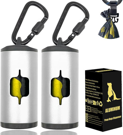 Metal Dog Poop Bag Holder 2-Pack w/Leash Clip|Durable Scratch-Resistant Aluminum|30 Bags+6 Accessories（Silver）