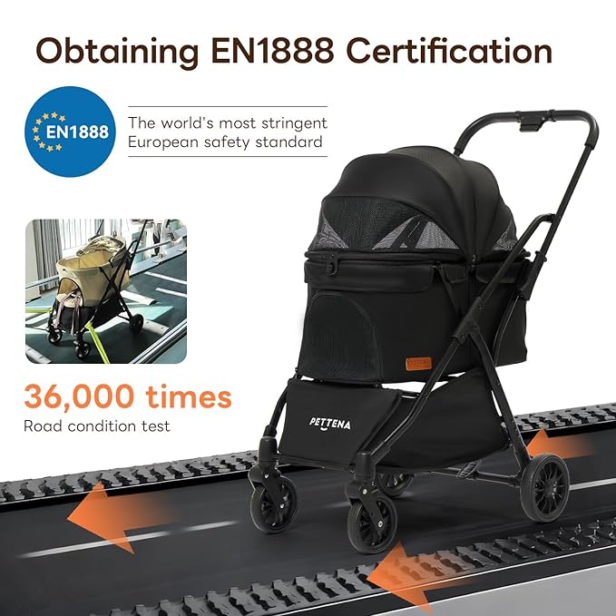 PETTENA Foldable Pet Stroller,4 Wheels Pet Strolling Cart for Small Dogs Cats up to 44 Lbs, Pet Travel Carrier Strolling Cart with Storage Basket, Portable Dog Cat Stroller with Breathable Mesh, Black