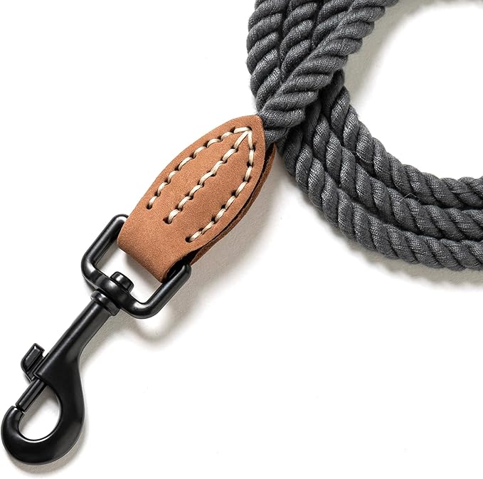 Mile High Life Dog Leash, Braided Cotton Rope Leashes with Leather Tip - Heavy Duty Metal Clasp, 6FT, 1/3" Thick - Wedding, Walking Leash for Small Medium Dogs(Camel)