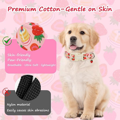 Dog Collar with Strawberry Patterns, Spring Summer Collection Pink Dog Collar with Exquisite Pendant, Durable Adjustable Collars for Gifts & Daily Use-M