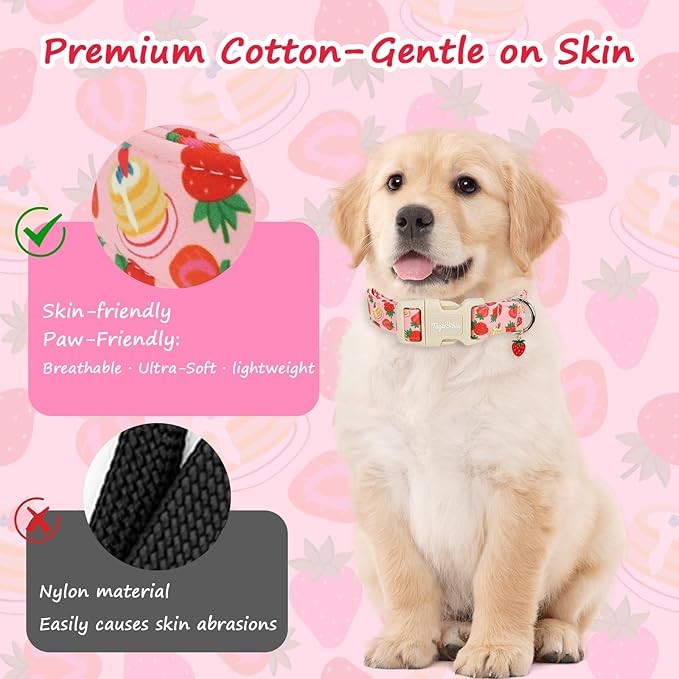 Dog Collar with Strawberry Patterns, Spring Summer Collection Pink Dog Collar with Exquisite Pendant, Durable Adjustable Collars for Gifts & Daily Use-XS