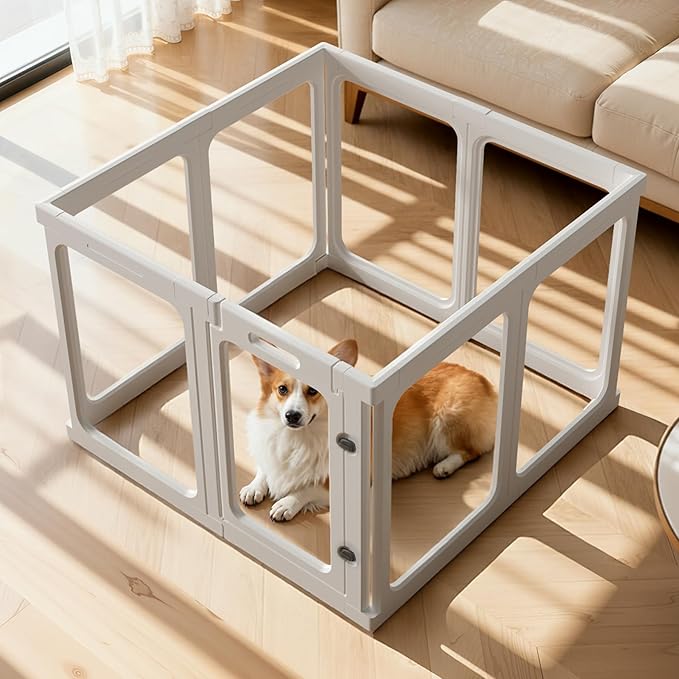 Jatindear 23.6“ H Clear Acrylic Plastic Dog Playpen, 8Pcs Lightweight & Easy Assemble Playpen Divider, Durable Safety Play Pen Indoors, Puppy, Cat, Small Animal(White)