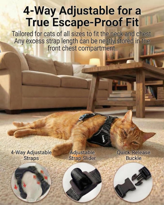 Luxelle Escape-Proof Cat Harness and Leash Set – Adjustable No Pull Soft Vest with 360° Reflective Straps, Built-in Pocket & Wrist Strap, Breathable Mesh Outdoor Harness for Cats & Kittens