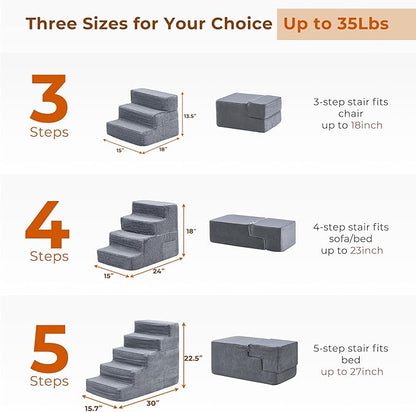 HYLEORY Dog Stairs for Bed 18''H, 4-Step Pet Stairs for Small Dogs & Cats, Sturdy Pet Steps with Non-Slip Bottom, Functional Portable Dog Ramp for Couch/Chair/Sofa/Car, with Storage Pocket, Grey