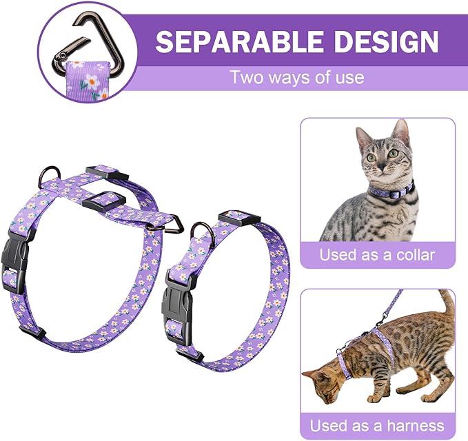 Hikiko Cat Harness and Leash Set Escape Proof Adjustable Walking Travel Cute Girl Kitten Harness for Small Medium Large Cats (Purple Floral, S)