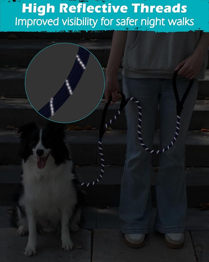 PetBonus Double Handle Rope Dog Leash, 5FT Heavy Duty Training Lead with Lockable Hook and 2 Comfortable Padded Handles, Reflective Walking Nylon Leash for Large Medium Dogs (55-200 lbs, Blue)