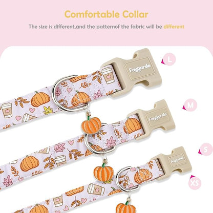 Faygarsle Fall Pumpkin and Leaves Pattern Dog Collar with Charm, Adjustable Pet Neckwear, Pink and Orange for Small Medium Large Dogs XS