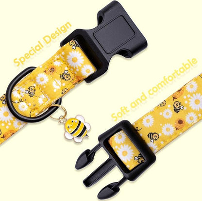 Faygarsle Dog Collar for Small Medium Large Dogs Yellow Puppy Collars for Female Dogs Floral Bee Daisy Patterned Pet Collars for Summer Spring Wedding Puppy Girl Dog Collar S
