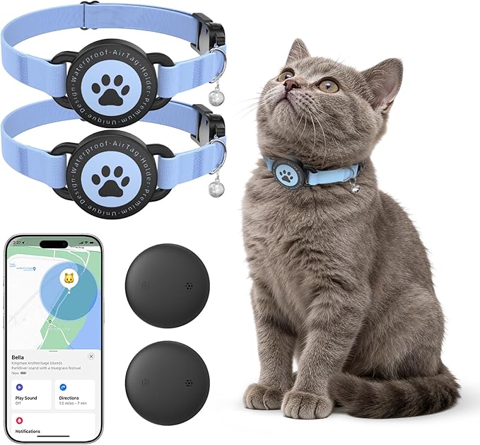 2 Pack GPS Cat Tracker Collar(iOS & Android), Bluetooth Mini GPS Dog Tracker, Smart Pet Activity Tracker, No Monthly Fee, Work with Apple Find My & Google Find Hub, Finder Tag for Pets,Items