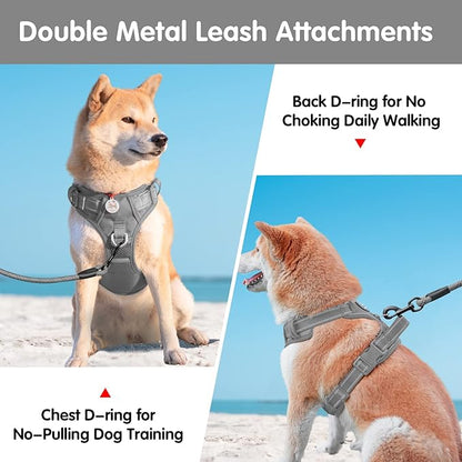 PoyPet No Pull Dog Harness and 5 Feet Leash Set, Release on Neck Reflective Adjustable Pet Vest, Front & Back 2 D-Ring and Soft Padded Pet Harness with Handle for Small to Large Dogs(Grey,L)