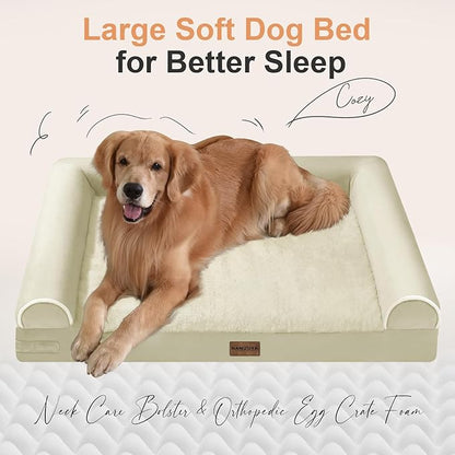 Large Dog Bed Orthopedic Washable: Beds Bolster XL Bed Big XLarge Dogs Egg Crate Foam Couch Sofa Waterproof with Removable Cover - Beige