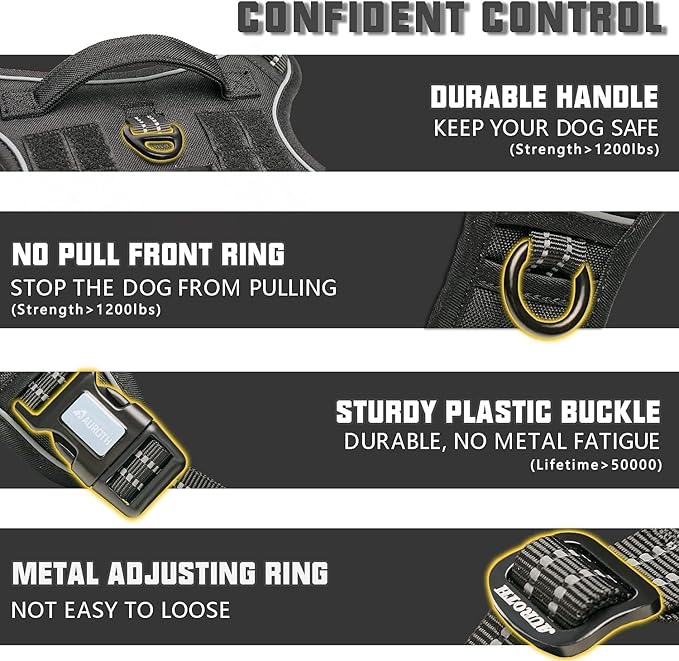 AUROTH Tactical Dog Harness for Large Dogs No Pull Adjustable Pet Harness Reflective K9 Working Training Easy Control Pet Vest Military Service Dog Harnesses Black XXL