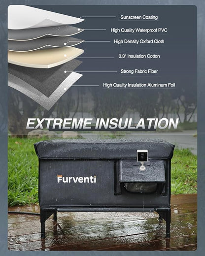 Heated Cat House for Outside,Dual Camera Mounts,100% Weatherproof & Extremely Insulated,Elevated Feral Cat Shelter with Escape Door,Waterproof Eaves for Outdoor Stray Barn Cat(Dark Grey, L with Cam)