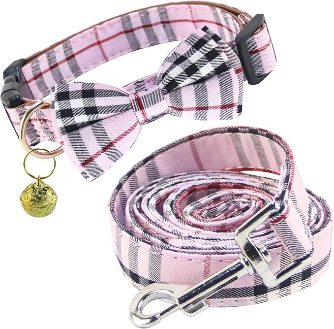 Yizepet Dog Collar and Leash Set-Plaid Puppy Collar with Bow Tie - Adjustable pet Collar for Dogs with Bell, Stylish Pattern for Small Medium or Large Boy and Girl Dog
