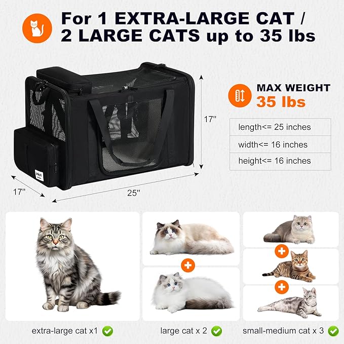 pidipiti 25''(L) x 17''(W) x 17''(H) Extra-Large Expandable cat Carrier for Long Distance car Travel,for 1 Extra-Large cat / 2 Large Cats / 3 Small-Medium Cats up to 35 lbs(Black)