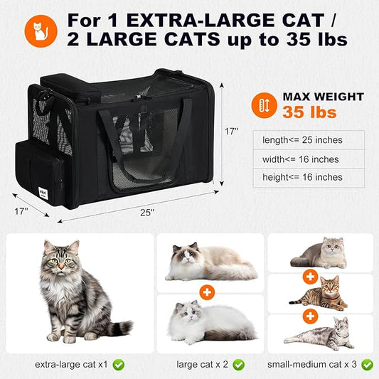 pidipiti 25''(L) x 17''(W) x 17''(H) Extra-Large Expandable cat Carrier for Long Distance car Travel,for 1 Extra-Large cat / 2 Large Cats / 3 Small-Medium Cats up to 35 lbs(Black)
