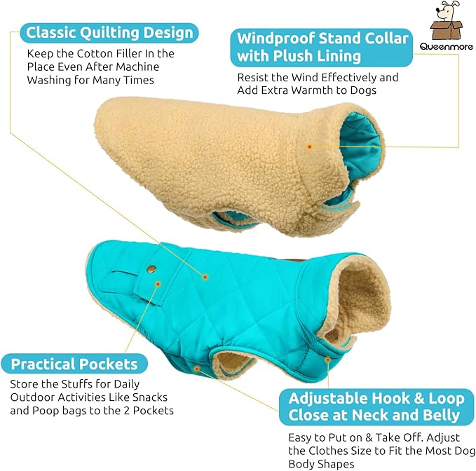 Queenmore Warm Dog Coat, Cold Weather Puffer Dog Coat Vest, Quilting Winter Pet Jacket Ultra Thick Plush Fleece Lining Pet Clothes for Dogs with Storage Pockets (Light Blue,X-Large)