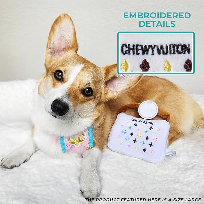Haute Diggity Dog White Chewy Vuiton Handbag, Plush Designer Dog Toys with Interactive Squeaker, Stimulating Pet Enrichment, Machine-Washable & Safe Materials for All Breeds, Size Large