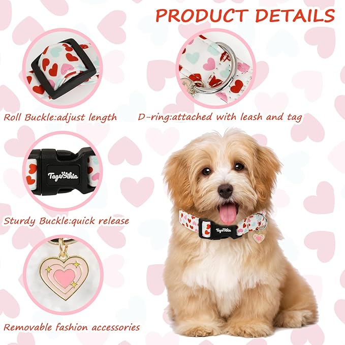 Valentines Dog Collar with Multi-Heart Pattern, Adjustable Puppy Collar with Safety Buckle & Heart Charm, Spring Summer for Girl Boy Dogs-XS
