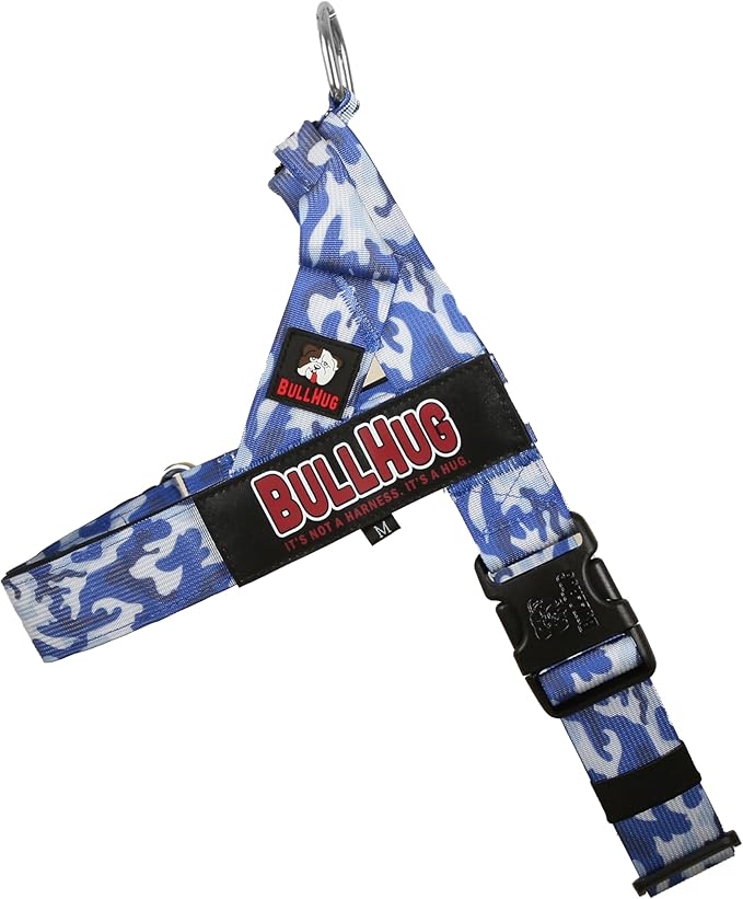 BULLHUG Adjustable Dog Harness– No Pull, No Choke – for English Bulldogs, French Bulldogs, Pugs & Broad-Chested Breeds – Easy, Safe Walks (Blue Camouflage, Large)